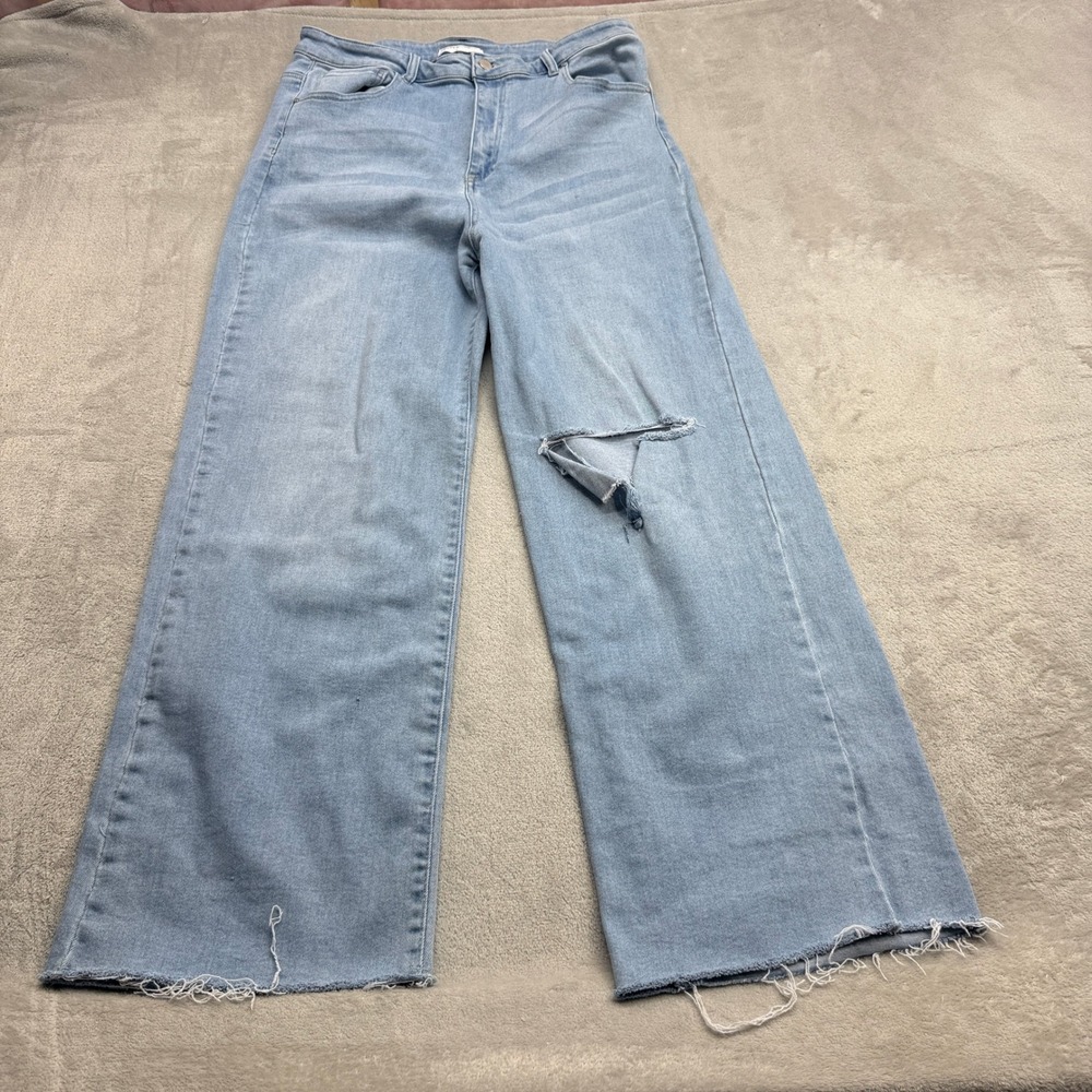 Risen Jeans Wide Leg Women's 1XL Light Blue Distressed Raw Hem Festival Boho Y2K
